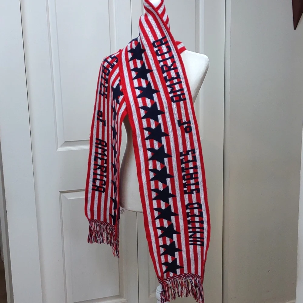 Knitmakers United States of America Blue Star Red White Stripe Fringe Long Scarf